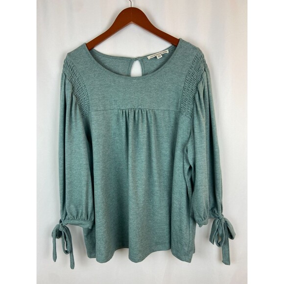 EUC Zac & Rachel Women 2X Teal Knit Blouse 3/4 Sleeves Ties Stretch Soft Cute - Picture 1 of 10